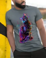 Colorful Music Cat Graphic Art Print T-Shirt - model in grey shirt leaning against column