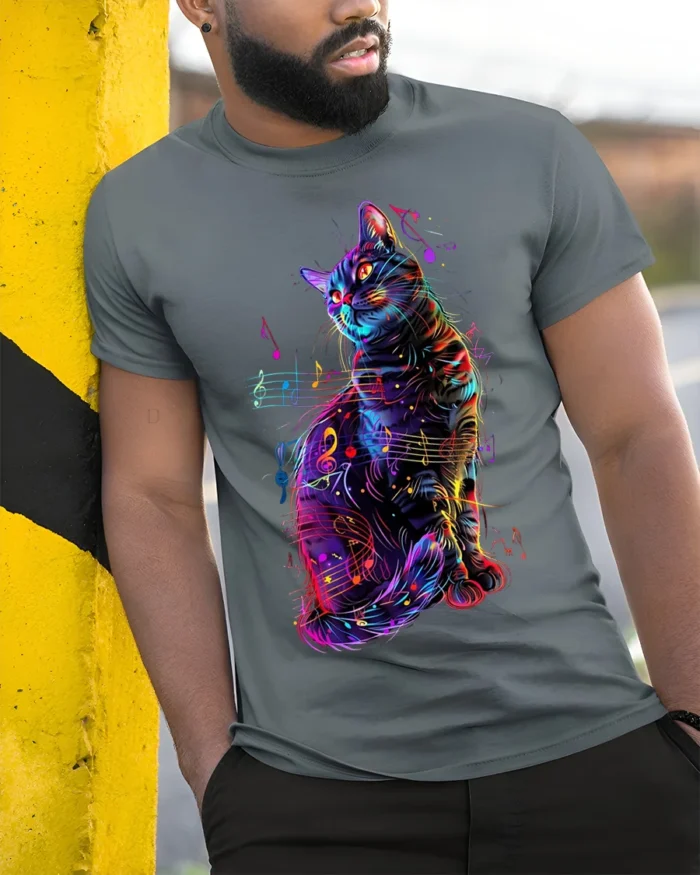 Colorful Music Cat Graphic Art Print T-Shirt - model in grey shirt leaning against column