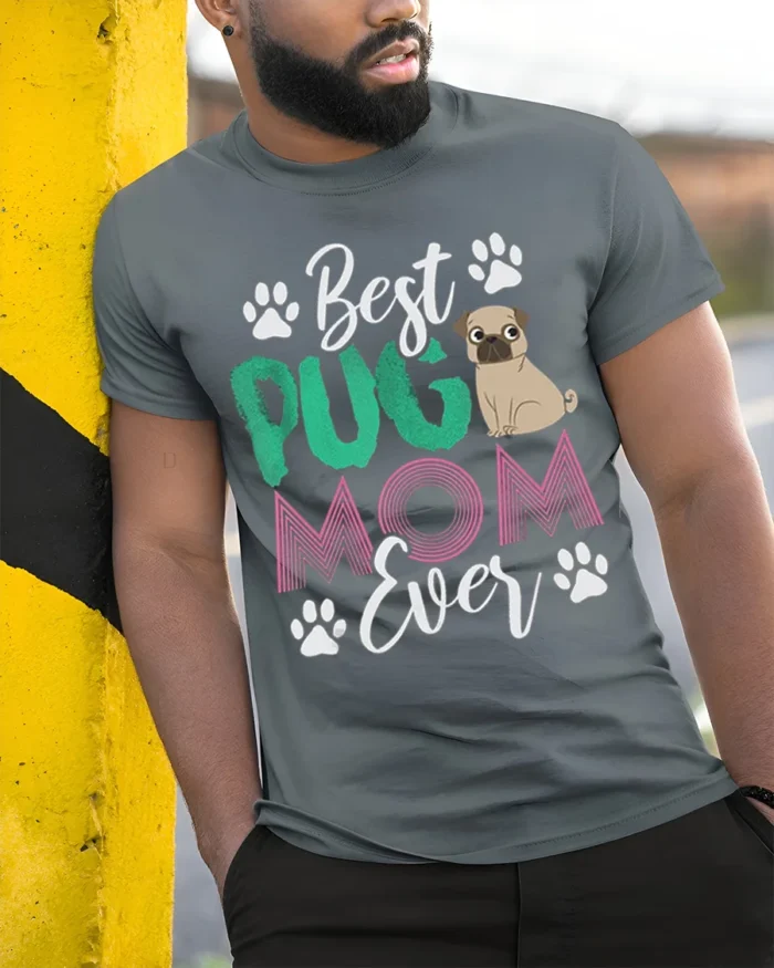 Best Pug Mom Ever Cute Dog Lover T-Shirt - model in grey shirt leaning against column