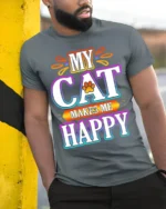 My Cat Makes Me Happy Colorful Graphic T-Shirt - model in grey shirt leaning against column