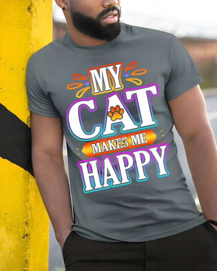 My Cat Makes Me Happy Colorful Graphic T-Shirt - model in grey shirt leaning against column