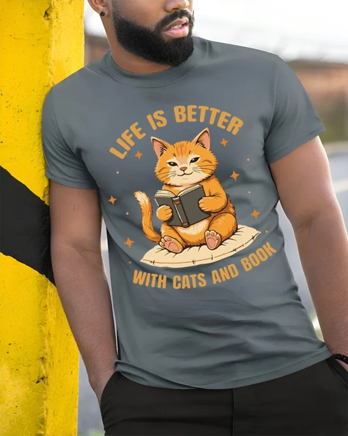 Life Is Better With Cats and Book Graphic T-Shirt - model in grey shirt leaning against column