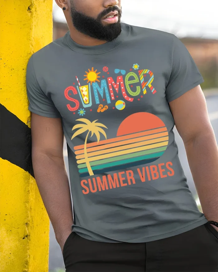 Summer Vibes Retro Sunset Palm Tree T-Shirt - model in grey shirt leaning against column