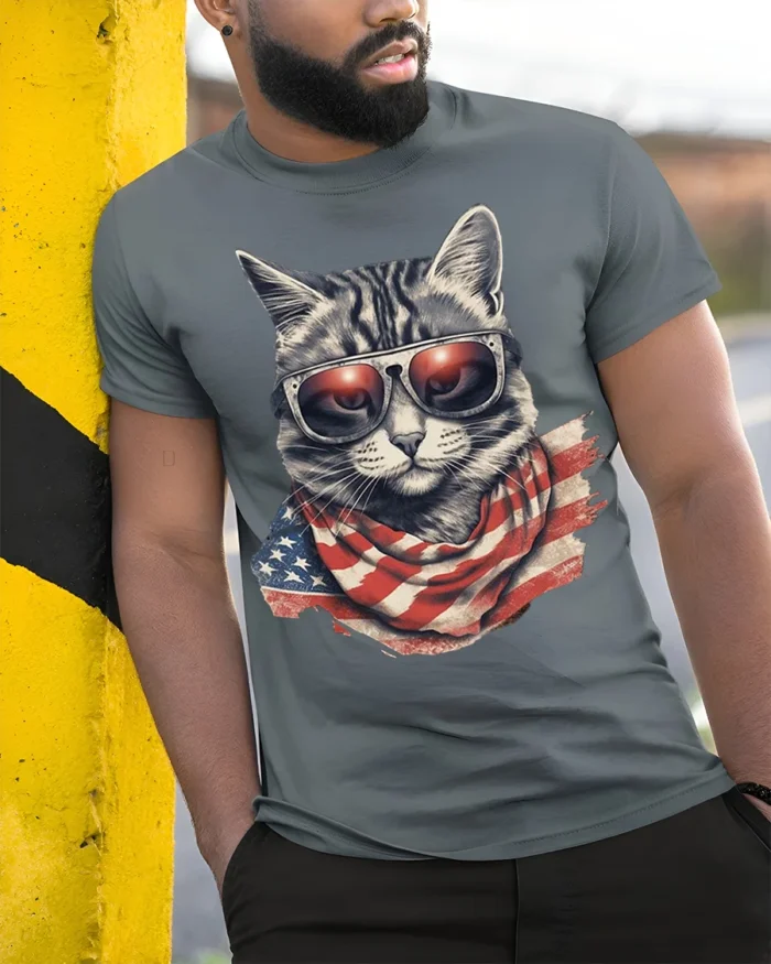 Patriotic Cat USA Flag Sunglasses Graphic T-Shirt - model in grey shirt leaning against column