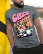 Cats and Coffee Retro Vintage Graphic T-Shirt - model in grey shirt leaning against column
