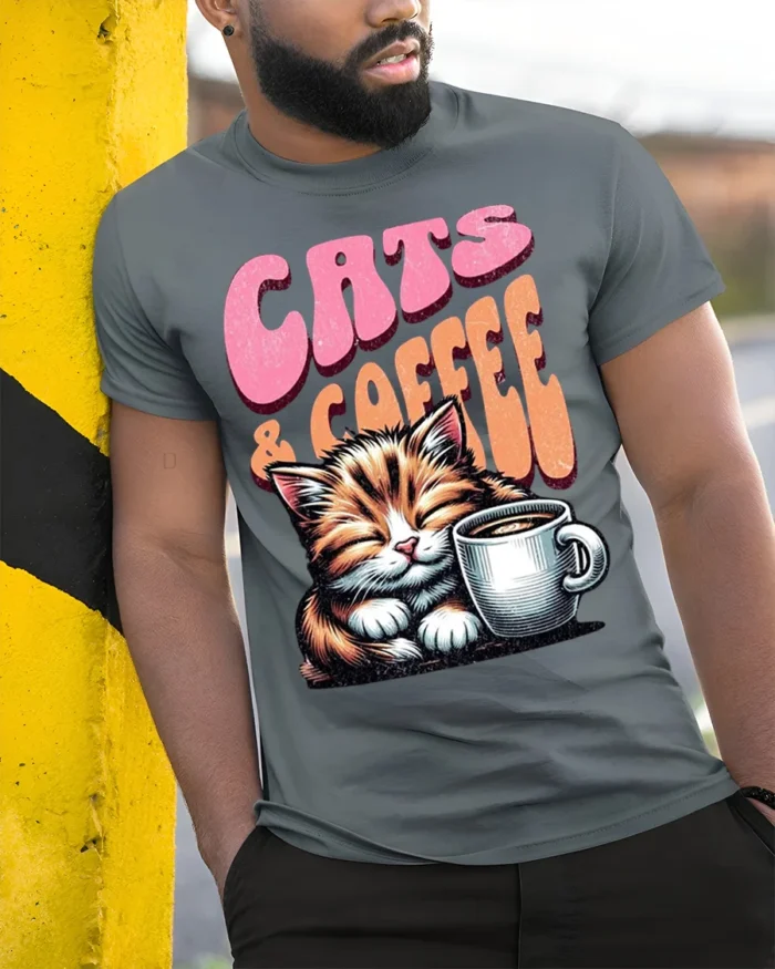 Cats and Coffee Retro Vintage Graphic T-Shirt - model in grey shirt leaning against column