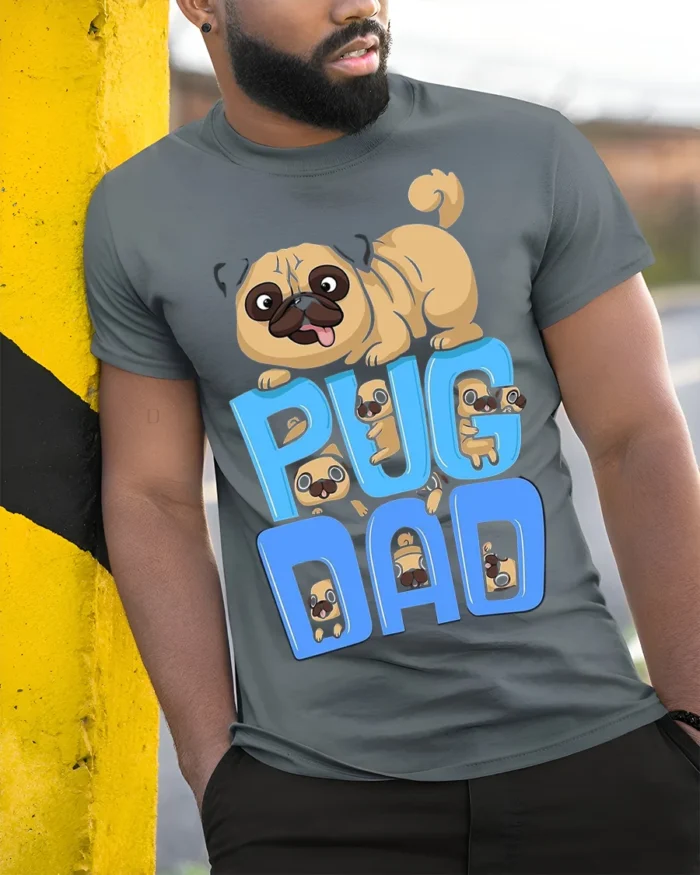 Pug Dad Funny Cartoon Dog Lover T-Shirt - model in grey shirt leaning against column