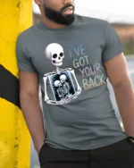 Funny Skeleton I’ve Got Your Back T-Shirt - model in grey shirt leaning against column