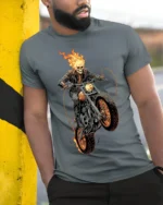 Flaming Skull Rider Motorcycle Graphic T-Shirt - model in grey shirt leaning against column