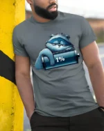 Lazy Cat Low Battery 1% Funny Graphic T-Shirt - model in grey shirt leaning against column