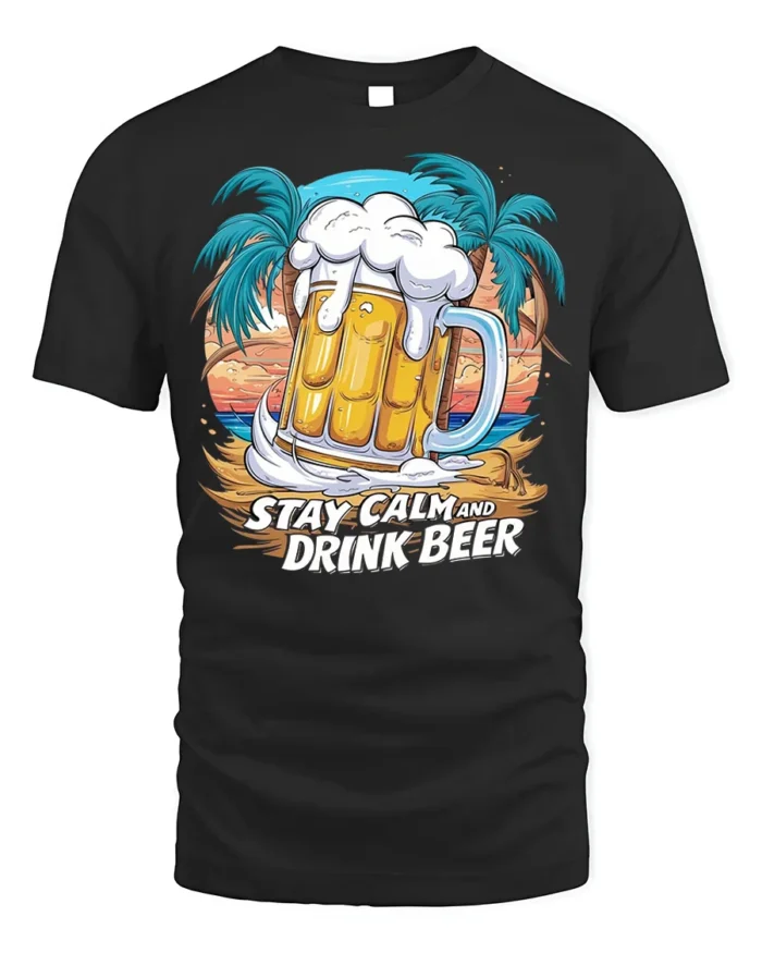Stay Calm and Drink Beer T-Shirt Tropical Party Tee - black t-shirt on white background