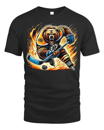 Fierce Hockey Bear Graphic T-Shirt Cool Sports Tee - black t-shirt on white background