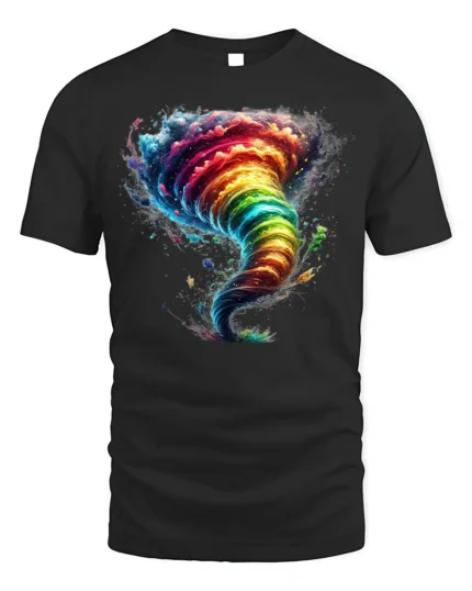 Rainbow Tornado Graphic T-Shirt Colorful Storm Tee - black t-shirt on white background