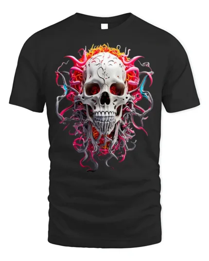 Fiery Skull Graphic T-Shirt Dark Gothic Art Tee - black t-shirt on white background