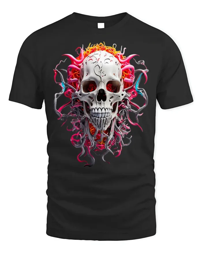 Fiery Skull Graphic T-Shirt Dark Gothic Art Tee - black t-shirt on white background
