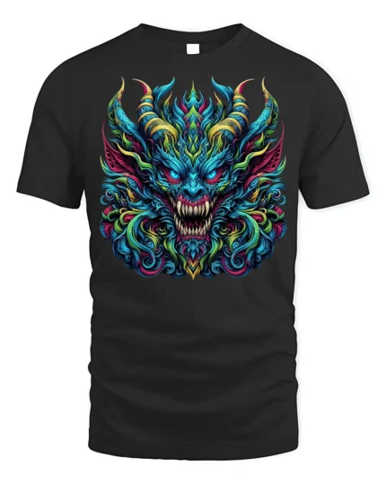 Fierce Demon Dragon Graphic T-Shirt Colorful Gothic Tee - black t-shirt on white background