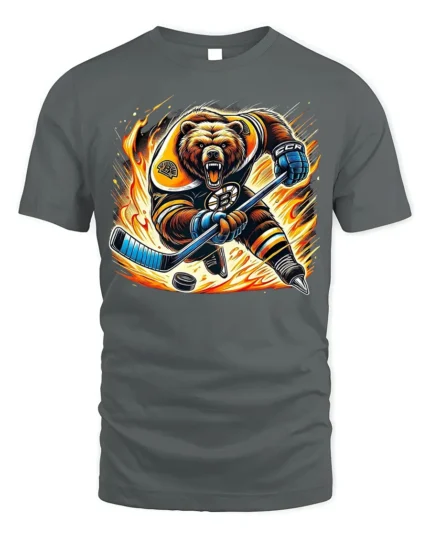 Fierce Hockey Bear Graphic T-Shirt Cool Sports Tee - gray t-shirt on white background