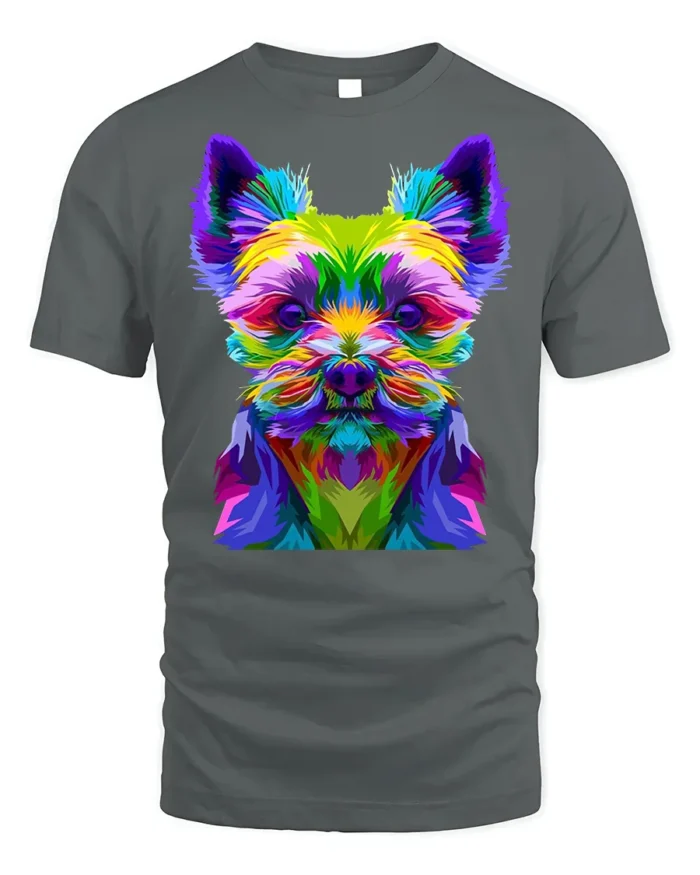 Colorful Yorkie Dog Graphic T-Shirt Pop Art Style Tee - gray t-shirt on white background
