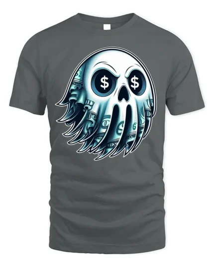 Money Skull Graphic T-Shirt Dollar Sign Eyes Tee - gray t-shirt on white background