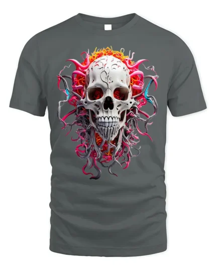 Fiery Skull Graphic T-Shirt Dark Gothic Art Tee - gray t-shirt on white background
