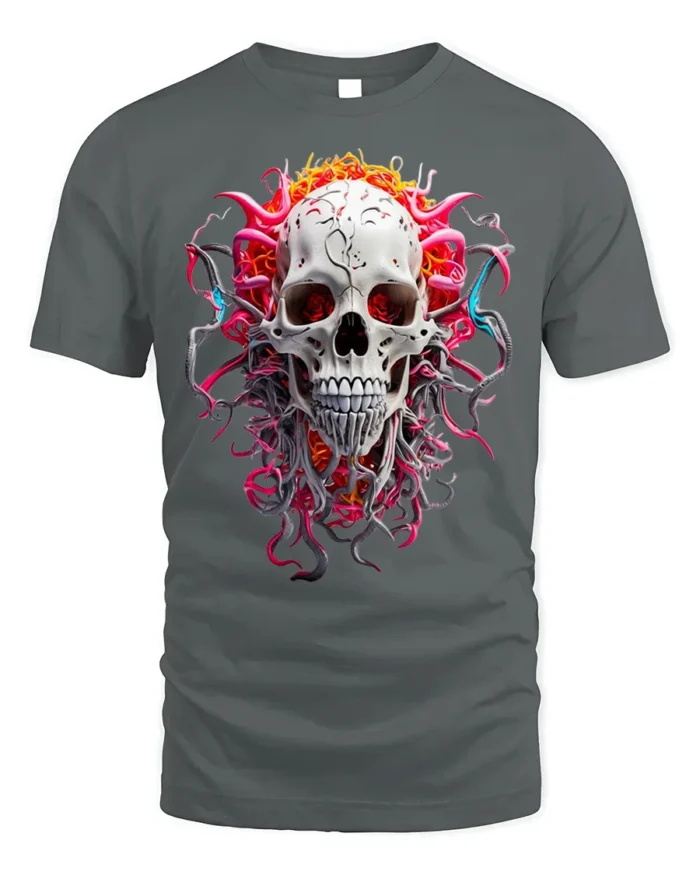 Fiery Skull Graphic T-Shirt Dark Gothic Art Tee - gray t-shirt on white background