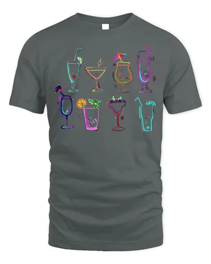 Colorful Cocktail Drinks Graphic T-Shirt Party Tee - gray t-shirt on white background