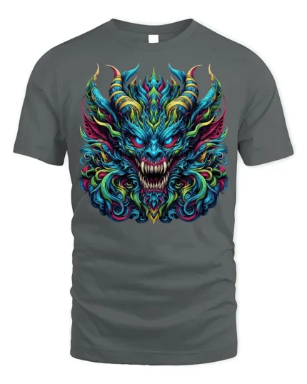 Fierce Demon Dragon Graphic T-Shirt Colorful Gothic Tee - gray t-shirt on white background