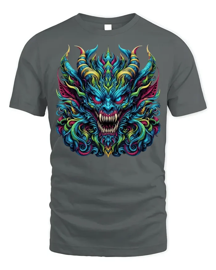 Fierce Demon Dragon Graphic T-Shirt Colorful Gothic Tee - gray t-shirt on white background