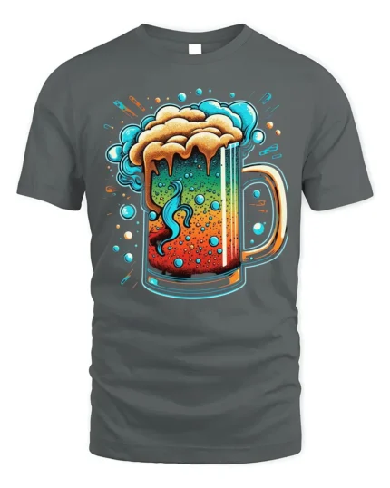 Colorful Beer Mug Graphic T-Shirt Party Vibes Tee - gray t-shirt on white background