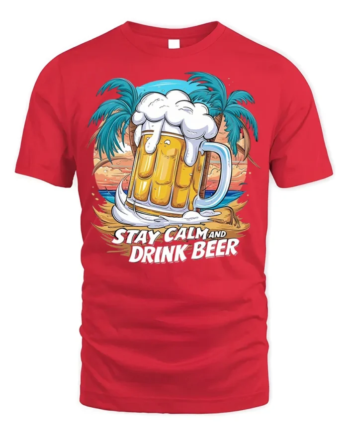 Stay Calm and Drink Beer T-Shirt Tropical Party Tee - red t-shirt on white background