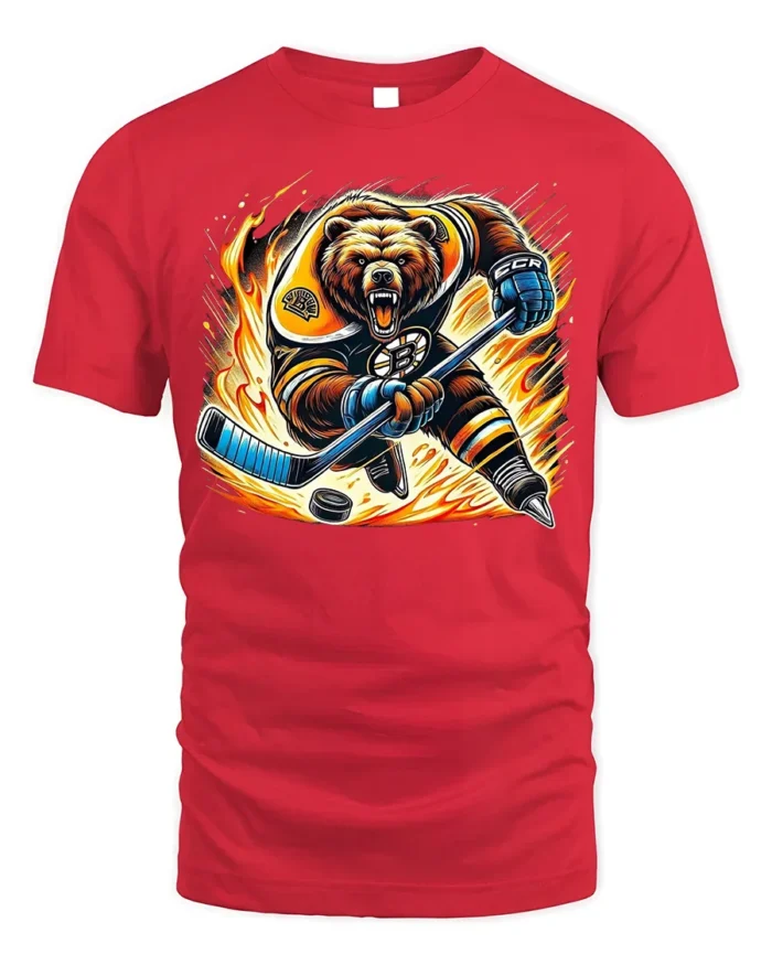 Fierce Hockey Bear Graphic T-Shirt Cool Sports Tee - red t-shirt on white background