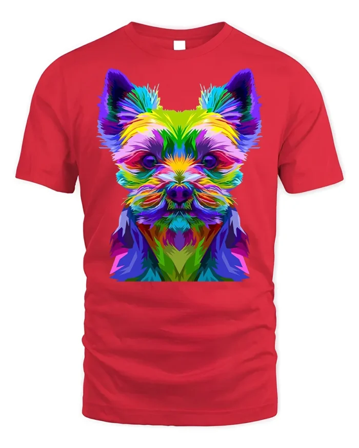 Colorful Yorkie Dog Graphic T-Shirt Pop Art Style Tee - red t-shirt on white background