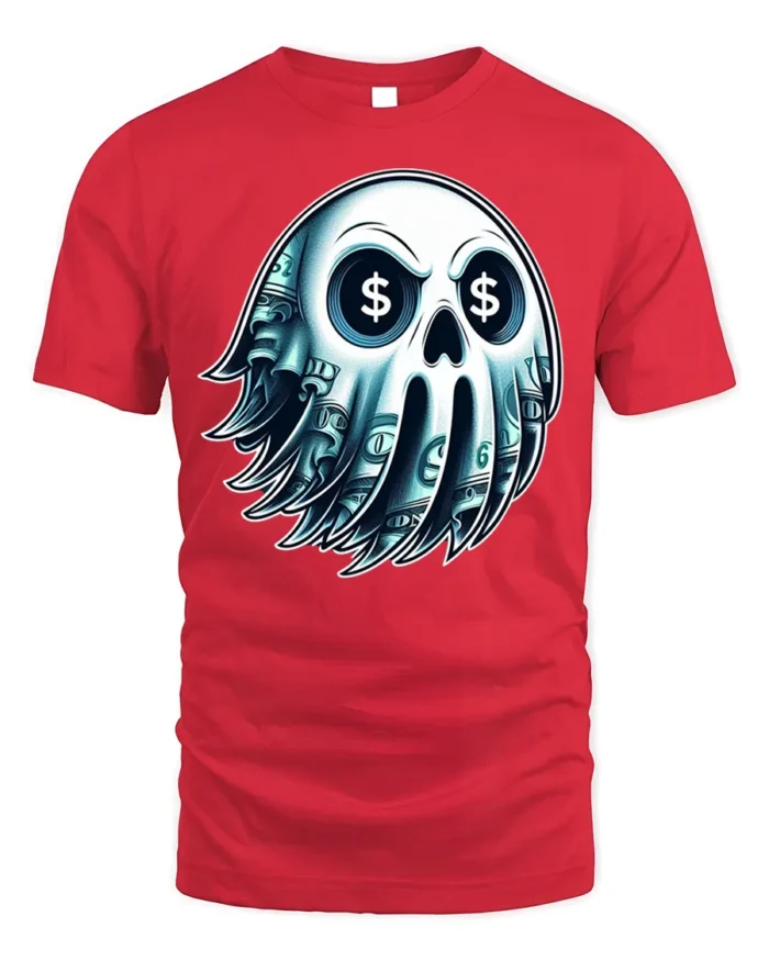 Money Skull Graphic T-Shirt Dollar Sign Eyes Tee - red t-shirt on white background