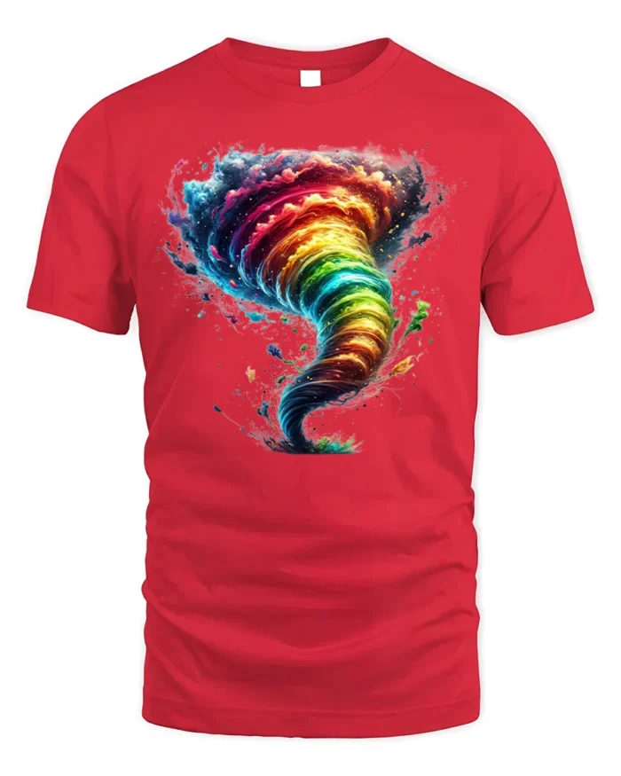 Rainbow Tornado Graphic T-Shirt Colorful Storm Tee - red t-shirt on white background