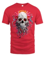 Fiery Skull Graphic T-Shirt Dark Gothic Art Tee - red t-shirt on white background