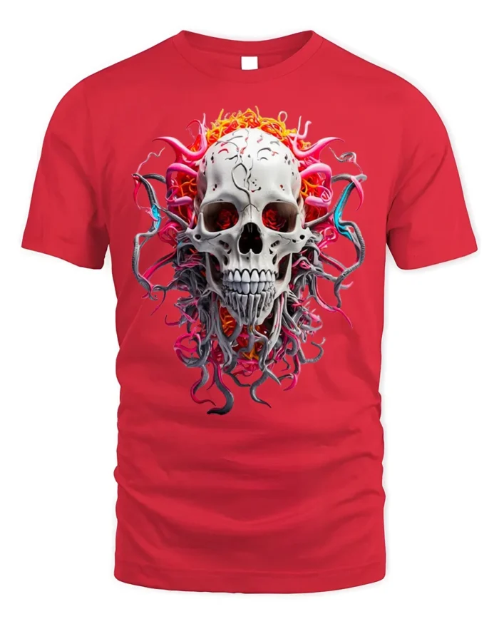 Fiery Skull Graphic T-Shirt Dark Gothic Art Tee - red t-shirt on white background