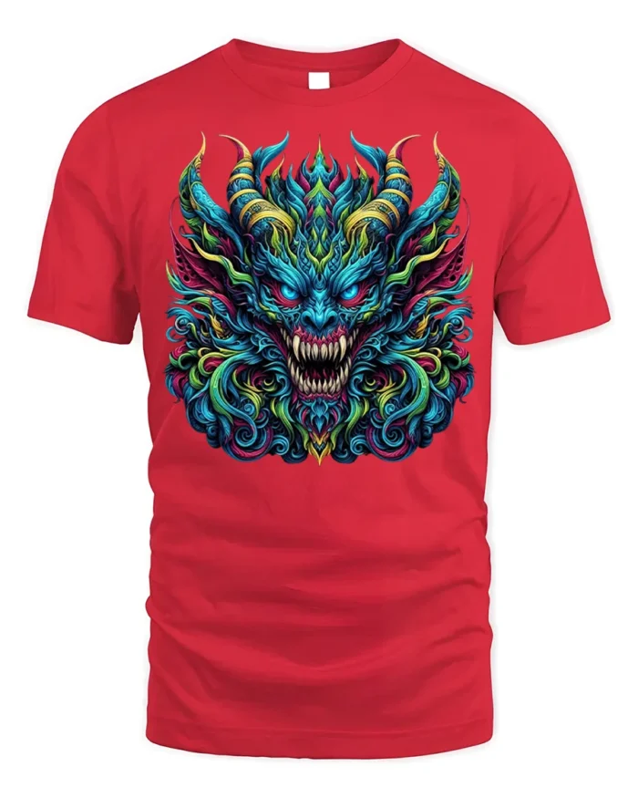 Fierce Demon Dragon Graphic T-Shirt Colorful Gothic Tee - red t-shirt on white background