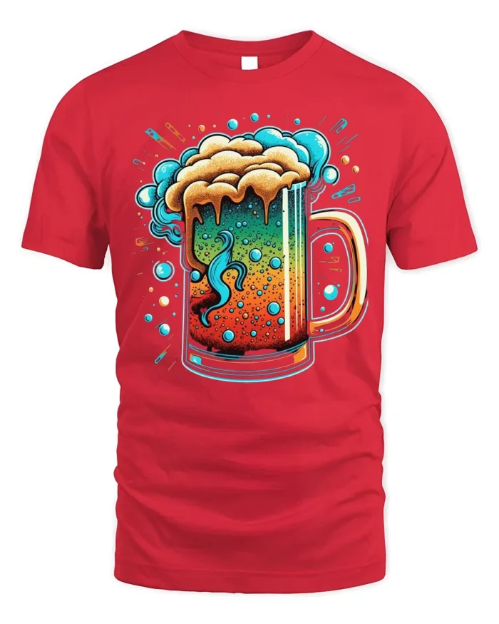 Colorful Beer Mug Graphic T-Shirt Party Vibes Tee - red t-shirt on white background