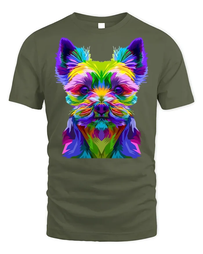 Colorful Yorkie Dog Graphic T-Shirt Pop Art Style Tee - military green t-shirt on white background