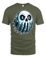 Money Skull Graphic T-Shirt Dollar Sign Eyes Tee - military green t-shirt on white background