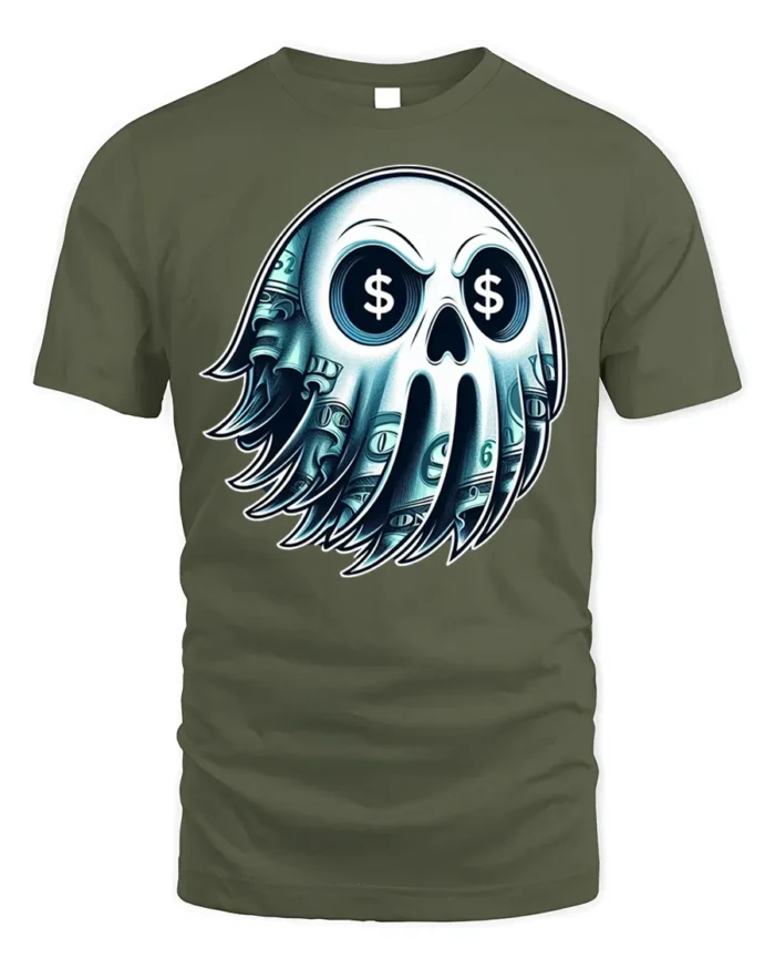 Money Skull Graphic T-Shirt Dollar Sign Eyes Tee - military green t-shirt on white background