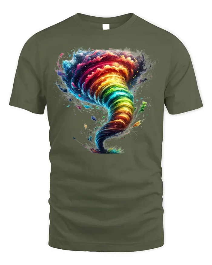 Rainbow Tornado Graphic T-Shirt Colorful Storm Tee - military green t-shirt on white background