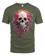 Fiery Skull Graphic T-Shirt Dark Gothic Art Tee - military green t-shirt on white background
