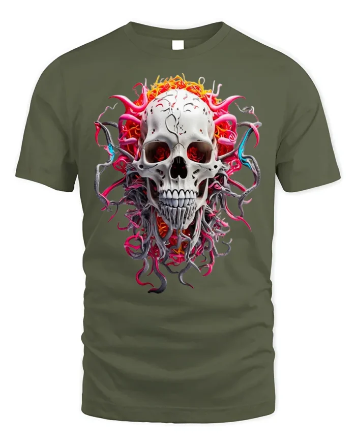 Fiery Skull Graphic T-Shirt Dark Gothic Art Tee - military green t-shirt on white background