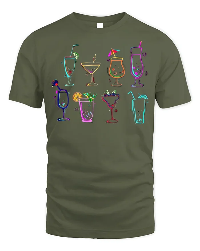 Colorful Cocktail Drinks Graphic T-Shirt Party Tee - military green t-shirt on white background