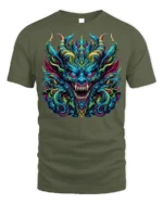 Fierce Demon Dragon Graphic T-Shirt Colorful Gothic Tee - military green t-shirt on white background