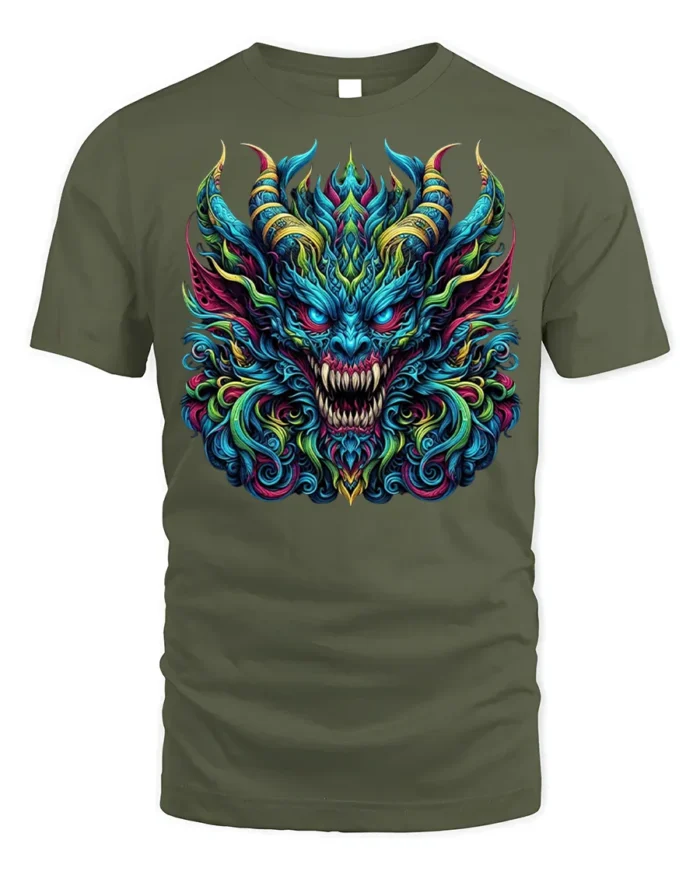 Fierce Demon Dragon Graphic T-Shirt Colorful Gothic Tee - military green t-shirt on white background