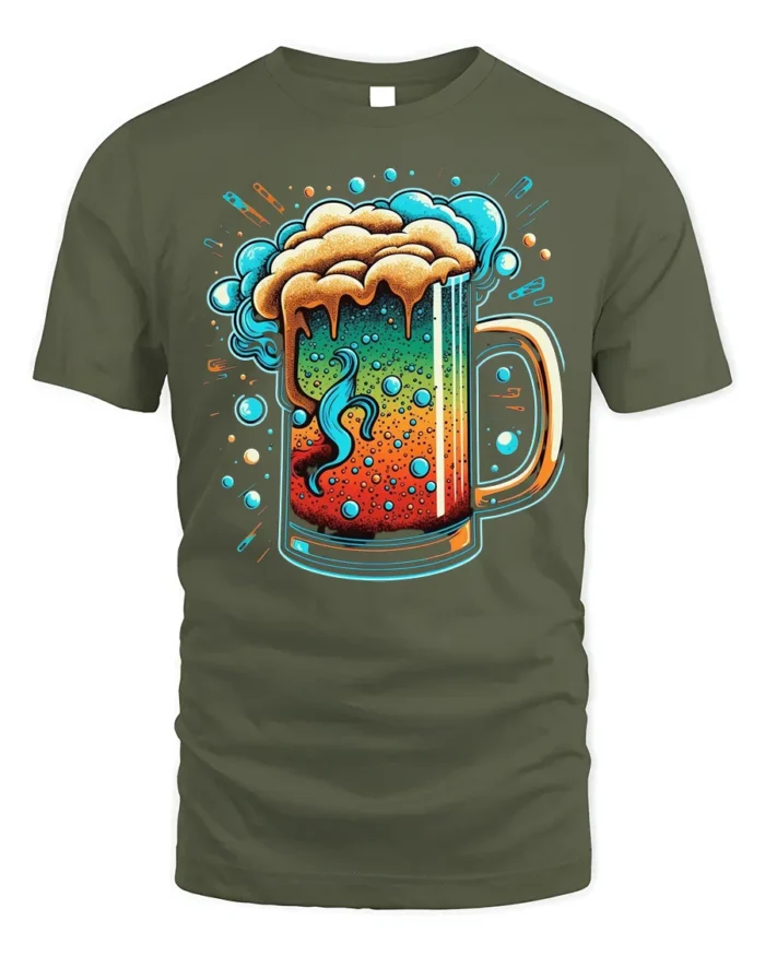 Colorful Beer Mug Graphic T-Shirt Party Vibes Tee - military green t-shirt on white background