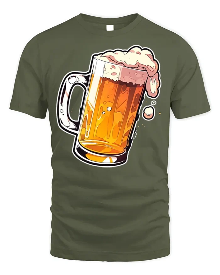 Frothy Beer Mug Graphic T-Shirt Cool Drinking Tee - military green t-shirt on white background