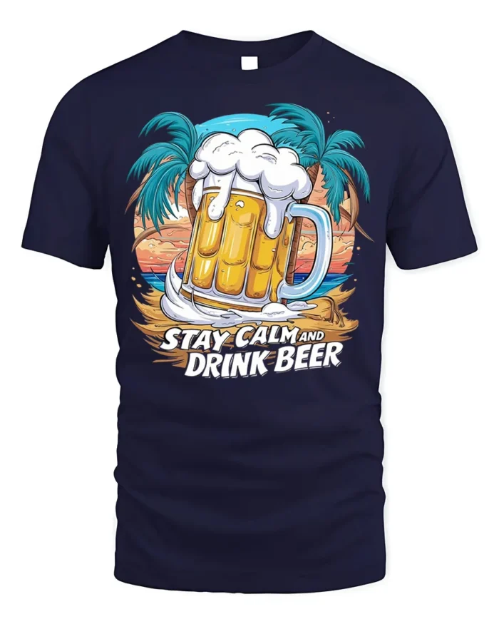 Stay Calm and Drink Beer T-Shirt Tropical Party Tee - navy t-shirt on white background